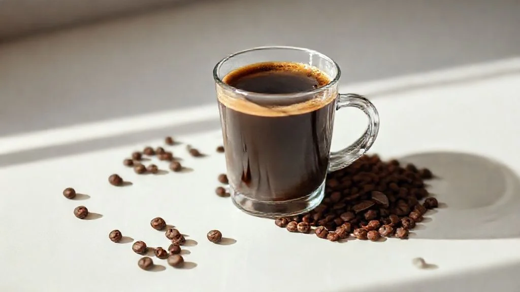 A cinematic, high-angle shot of perfectly roasted coffee beans cascading into a vintage, artisanal wooden scoop, catching warm, soft natural light. Focus on rich textures, steam rising subtly from the beans, and a sense of inviting warmth and aroma. The composition conveys premium quality and a tactile experience.